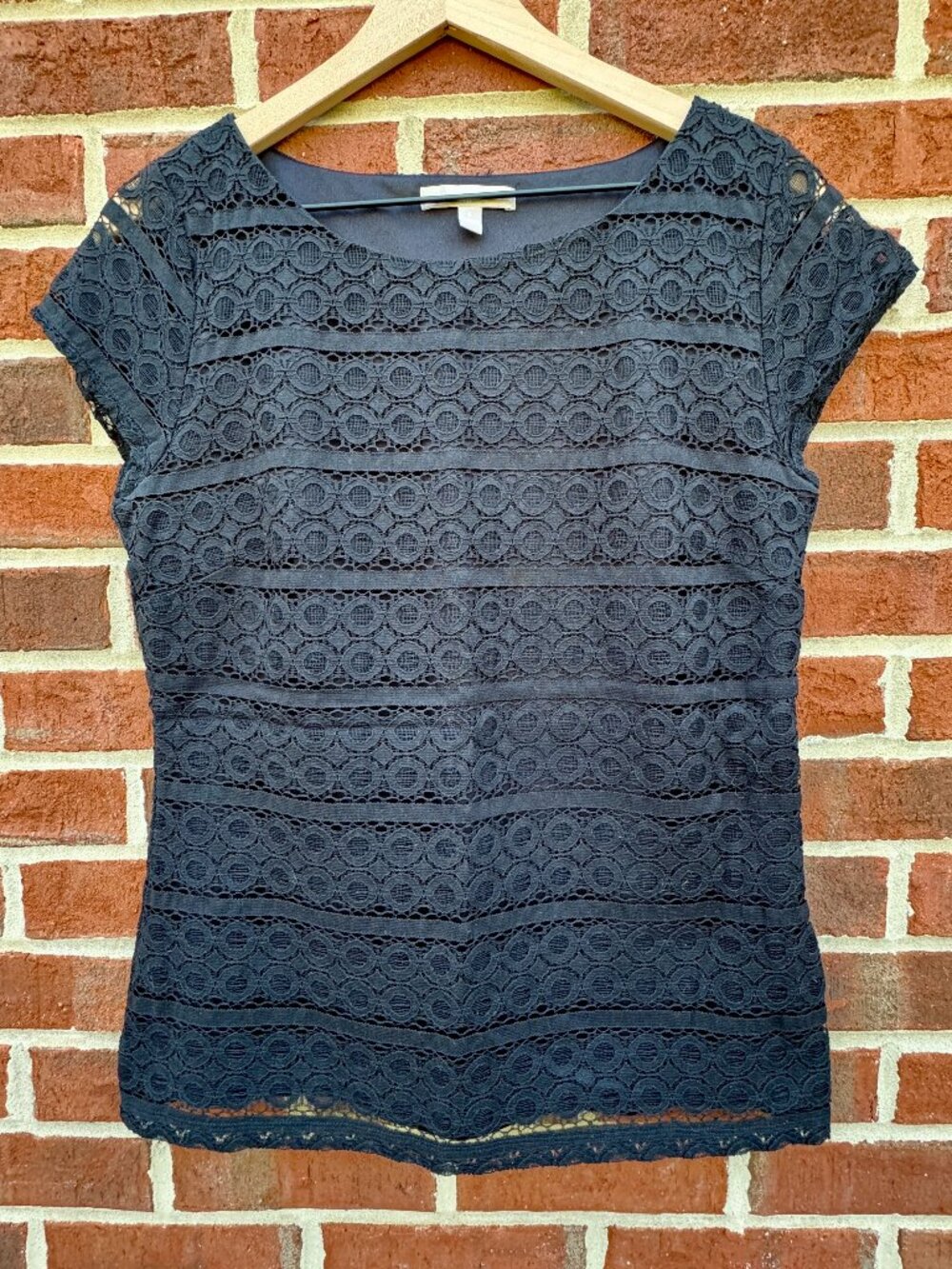 Banana Republic Lace Top Sz 8 Black Side Zip Cap Sleeve Office Siren Whimsigoth